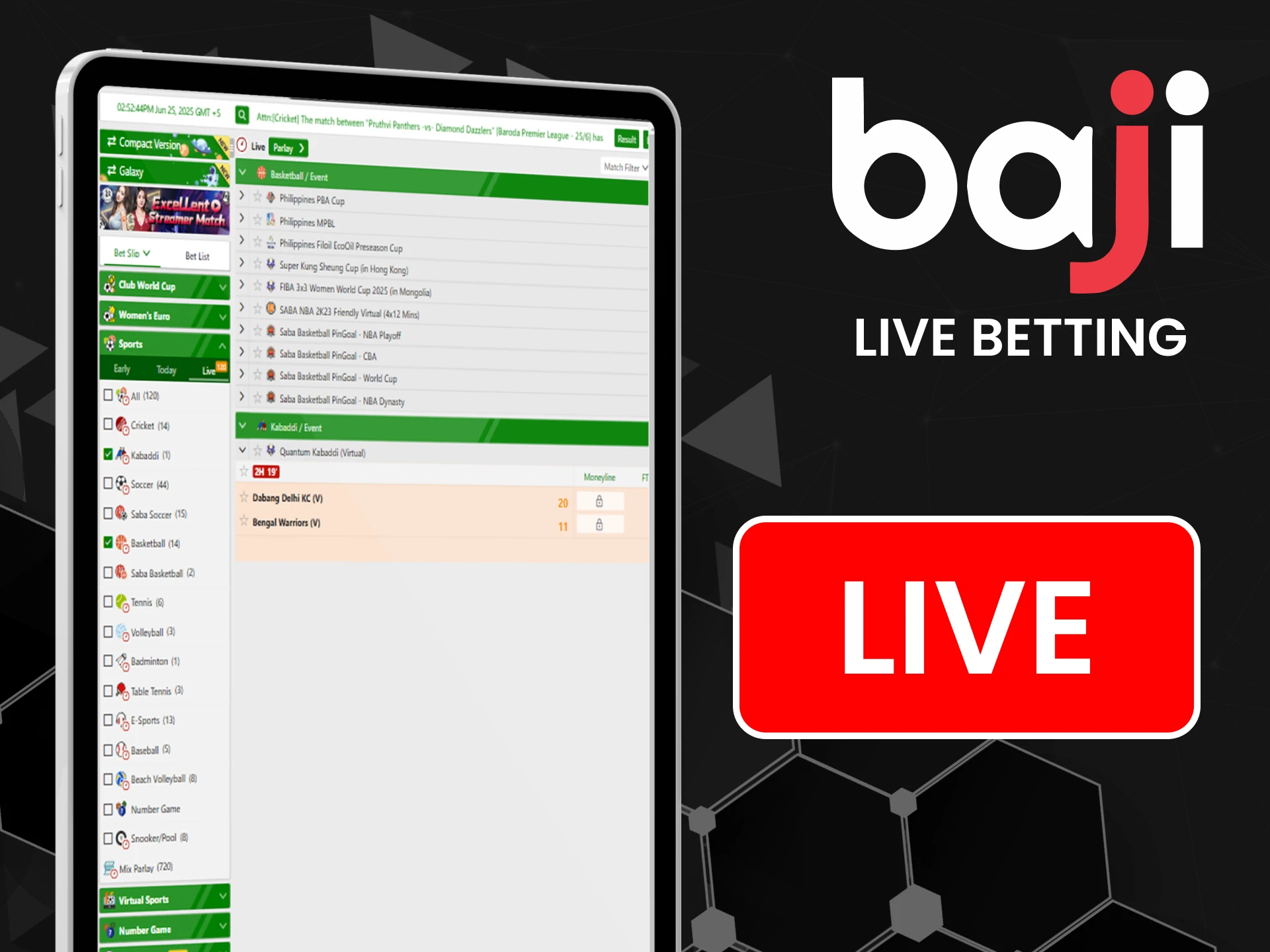 Bet on live Kabaddi events with Baji.
